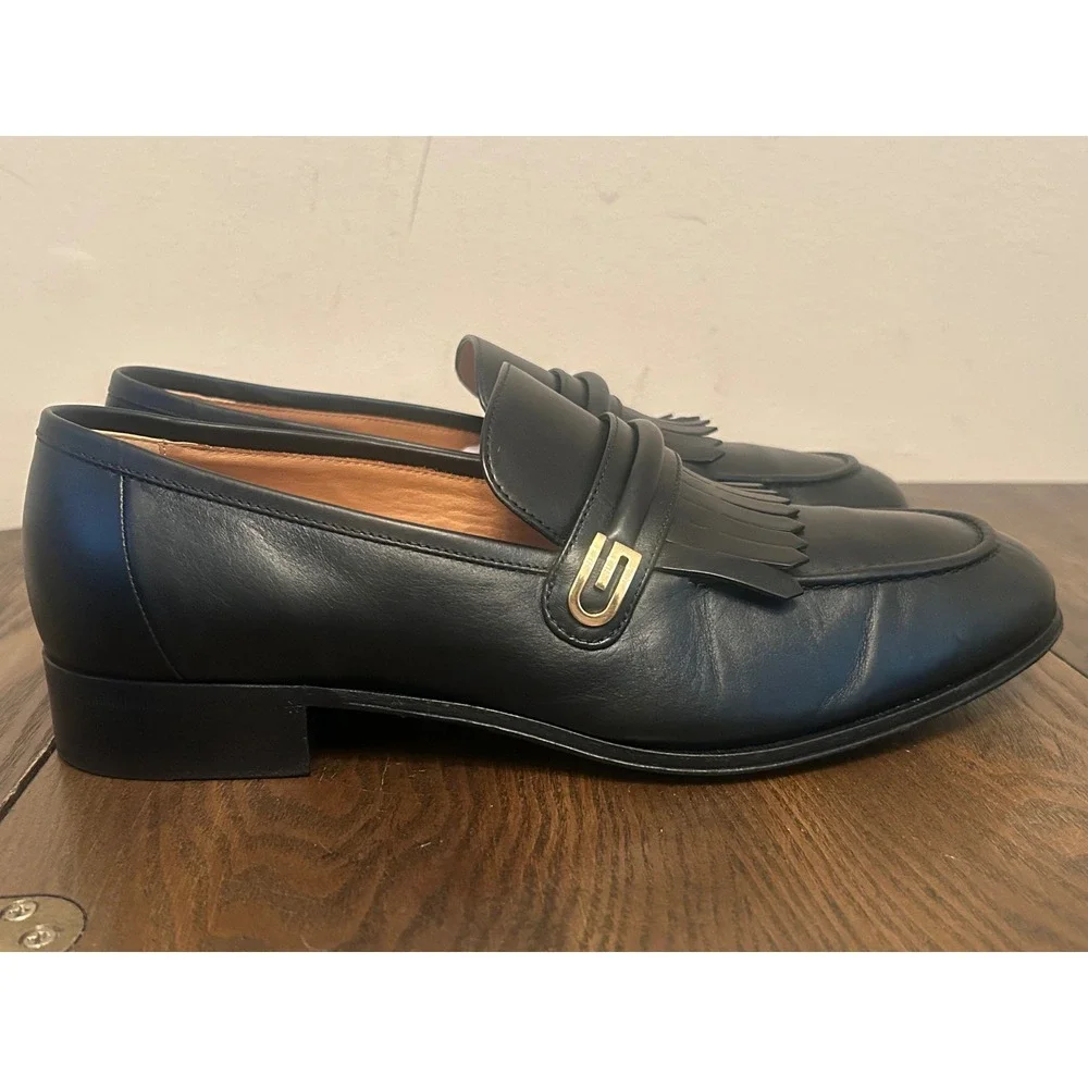 GUCCI 714680 Mirrored G Gold Kiltie Loafers Black Leather Men's 7.5